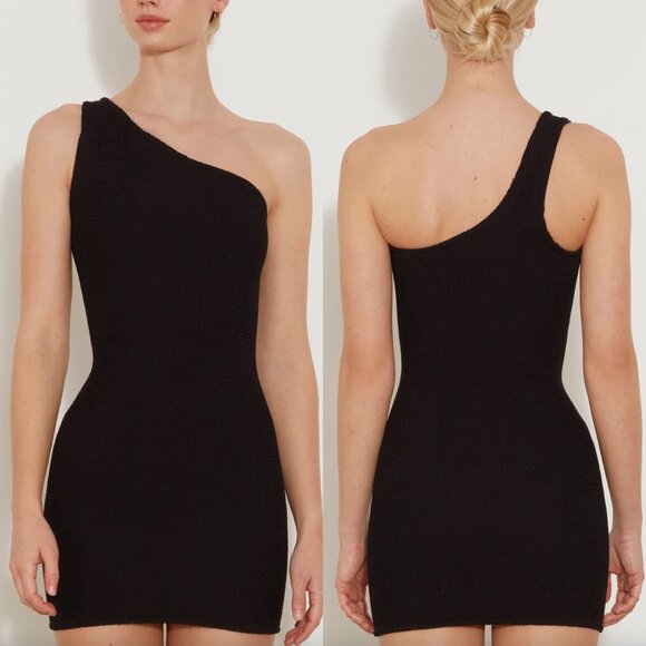 Hunza G NANCY DRESS Flattering One-Shoulder Mini Dress - Black One Size (2-12)